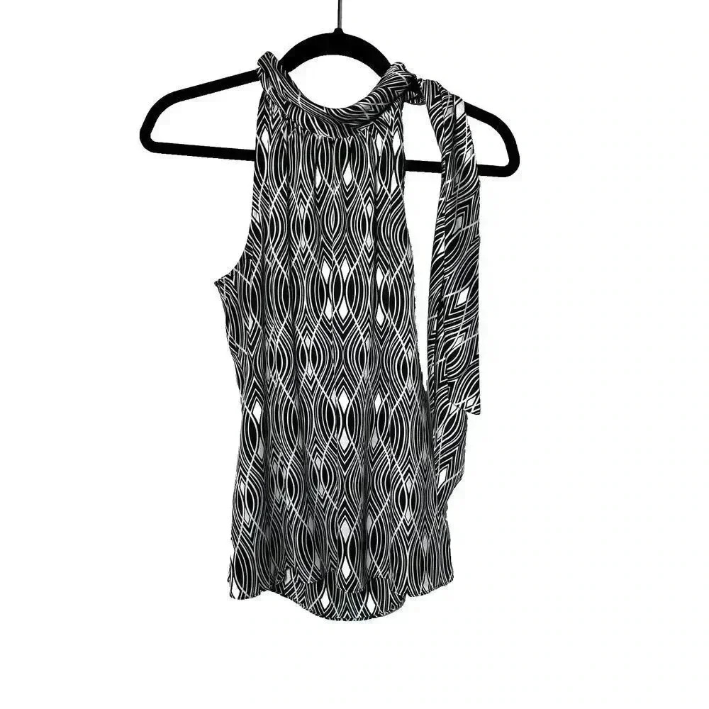 Ann Taylor Womens Size Med Petite Tie Neck Sleeveless Blouse Black White Top